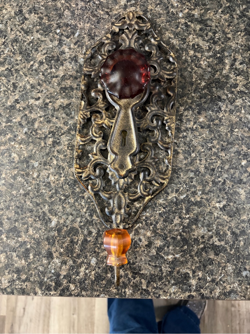 Antique-Style Ornate Metal Wall Hook with Amber and Ruby Accents